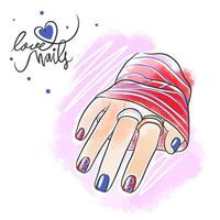 belle main aux ongles courts, manucure bleue et rouge, ongles d'amour, manucure vecteur