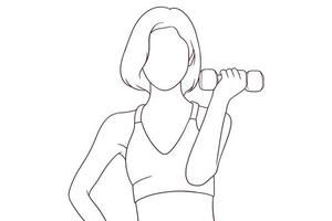 jeune femme en costume de fitness tenir une illustration vectorielle de style haltère dessinés à la main vecteur