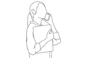 jeune femme d'affaires parlant au téléphone illustration vectorielle de style dessiné à la main vecteur