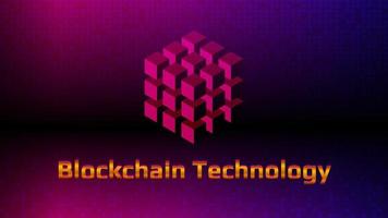 technologie de blockchain de lettrage doré avec cube numérique sur beau fond violet. modèle futuriste pour les technologies numériques. élément de conception. mise en page pour bannière ou site web. vecteur eps10.