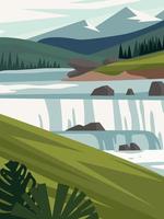 belle vue moderne sur le paysage naturel avec forêt, montagnes, rivière, lac, cascade et pins. bannière, illustration vectorielle de fond de paysage vecteur