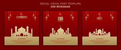 ensemble de modèle de publication sur les médias sociaux, fond carré couleur or rouge et conception d'ornement simple pour la fête islamique vecteur