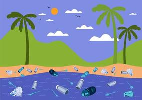 palmier. style moderne. illustration plate de vecteur. mer, montagnes, ciel, soleil. arrêter la pollution plastique. bouteilles en plastique, sacs, couteaux, cuillères, fourchettes. vecteur