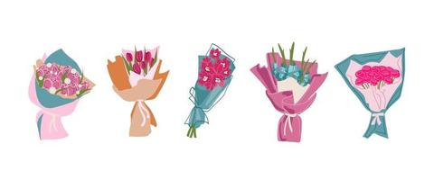 ensemble de bouquets de fleurs. tulipes, coquelicots, camomille, muguet, plantes en pots. illustration colorée de vecteur isolée sur blanc