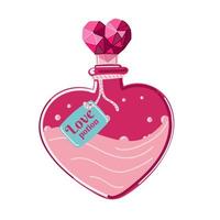 potion d'amour. élixir de coeur de sortilège magique fantastique rpg. ampoule en verre de chimie, liquide rose. bouteille d'alchimie de sorcière, fiole d'amour. flacon aphrodisiaque. formule d'amour. philtre d'amour de mariage. illustration vectorielle. vecteur