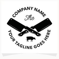modèle de conception de logo de boucherie. conception de vecteur de couteau de couperet de vache et de viande.