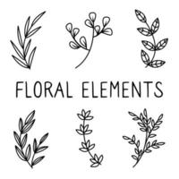 éléments floraux de style doodle, feuilles et brindilles faites en vecteur. pour la conception de mariage, le logo et la carte de voeux. vecteur