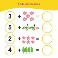 compter les articles d'été pour le préscolaire. feuille de calcul mathématique imprimable. jeu de mathématiques pour le préscolaire. fichier vectoriel. vecteur