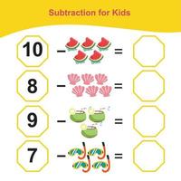 compter les articles d'été pour le préscolaire. feuille de calcul mathématique imprimable. jeu de mathématiques pour le préscolaire. fichier vectoriel. vecteur