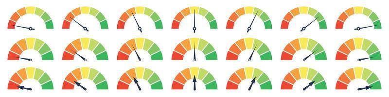 ensemble d'éléments de jauge de compteur différents. baromètres vert et rouge, bas et haut, mauvais et bon niveau ou échelle de risque. illustration vectorielle isolée vecteur