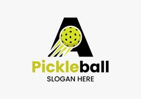 lettre un concept de logo de pickleball avec symbole de pickleball en mouvement. modèle de vecteur de logo de boule de cornichon