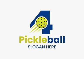 concept de logo lettre 4 pickleball avec symbole de pickleball en mouvement. modèle de vecteur de logo de boule de cornichon