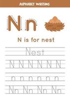 apprendre à écrire des lettres pour les enfants d'âge préscolaire. n est pour le nid. vecteur