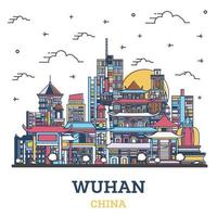 contour de la ville de wuhan en chine avec des bâtiments historiques colorés isolés sur blanc. vecteur