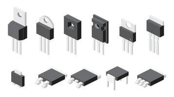ensemble de transistors isolé sur fond blanc. composants électroniques isométriques. jeu d'icônes.