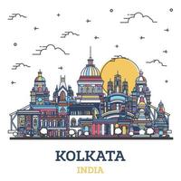 Décrire les toits de la ville de kolkata en inde avec des bâtiments historiques colorés isolés sur blanc. vecteur