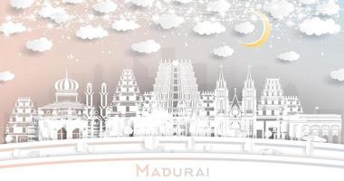 horizon de la ville de madurai en inde dans un style papier découpé avec des bâtiments blancs, une guirlande de lune et de néon. vecteur