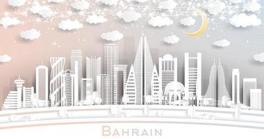 horizon de la ville de bahreïn en papier découpé avec des bâtiments blancs, une guirlande de lune et de néon. vecteur