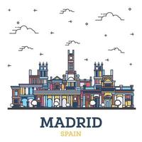 Décrire les toits de la ville de madrid espagne avec des bâtiments historiques colorés isolés sur blanc. vecteur