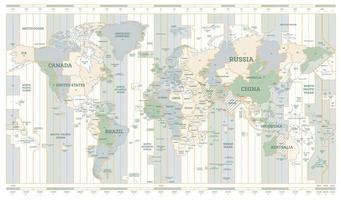 carte des fuseaux horaires du monde. carte du monde détaillée avec noms de pays. vecteur