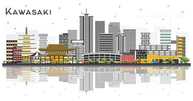 kawasaki japan city skyline avec des bâtiments de couleur et des reflets isolés sur blanc. vecteur