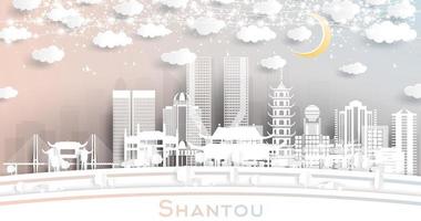 horizon de la ville de shantou en chine dans un style découpé en papier avec des bâtiments blancs, une guirlande de lune et de néon. vecteur