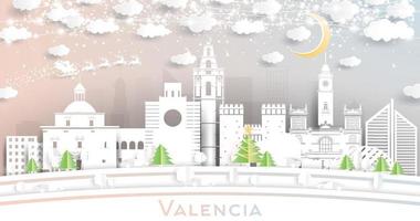 horizon de la ville de valencia espagne dans un style découpé en papier avec des flocons de neige, une lune et une guirlande de néons. vecteur