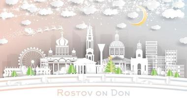 rostov-on-don russie city skyline en papier découpé avec flocons de neige, lune et guirlande de néons. vecteur