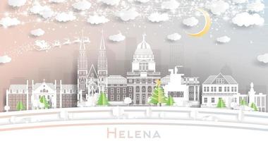 skyline de la ville de helena montana en papier découpé avec des flocons de neige, une lune et une guirlande de néons. vecteur