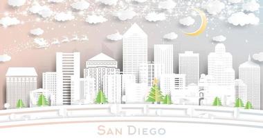 horizon de la ville de san diego en californie dans un style découpé en papier avec des flocons de neige, une lune et une guirlande de néons. vecteur