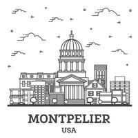 contour montpelier vermont city skyline avec des bâtiments modernes isolés sur blanc. vecteur