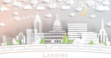 lansing michigan city skyline dans un style papier découpé avec des flocons de neige, une lune et une guirlande de néons. vecteur
