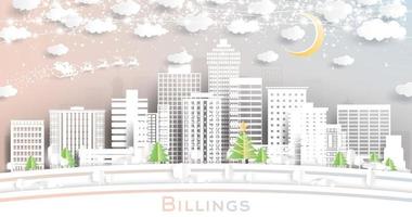 billings montana city skyline en papier découpé avec flocons de neige, lune et guirlande de néons. vecteur