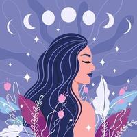 fille de magicien spirituel, arrière-plan avec phases de la lune. cycle de la lune et femme florale, concept de rêve, de pensée et de méditation. illustration vectorielle vecteur