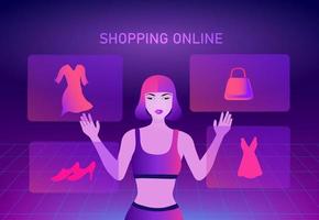 concept de magasinage en ligne, femme utilisant l'illustration vectorielle de commande mobile shopping vecteur