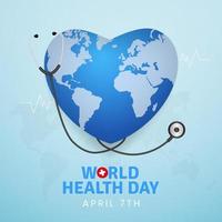 journée mondiale de la santé le 7 avril avec illustration en forme de coeur globe sur fond de couleur bleu clair vecteur
