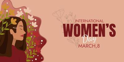 conception de fond d'affiche de campagne de la journée de la femme avec illustration vectorielle d'une femme aux cheveux bruns avec un visage décoré de fleurs. vecteur