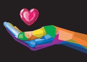 main donnant de l'amour coloré dans un style pop art isolé sur fond noir vecteur