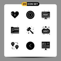 interface mobile glyphe solide ensemble de 9 pictogrammes de documents partager le dossier utilisateur imprimer des éléments de conception vectoriels modifiables vecteur