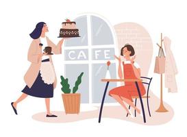 confiseur, café, gâteau, pâtisseries. la fille serveur sort un gâteau et une tasse de thé. une table dans un café. concept. image vectorielle. vecteur