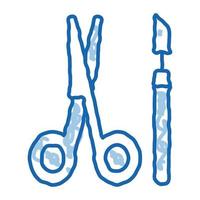 scalpel chirurgical et ciseaux doodle icône illustration dessinée à la main vecteur