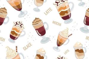 boissons au café dans des tasses en verre, motif sans couture sur fond blanc. café avec de la crème. illustration vectorielle. vecteur