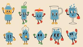 doodle boire plus d'eau. mignonnes mascottes d'eau drôles dessinées à la main dans une tasse, un verre et une bouteille, des rituels sains boivent plus d'illustrations vectorielles d'eau. bocal, tasse avec paille, thermos avec visages vecteur