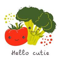 tomate et brocoli. carte avec texte bonjour mignonne. imprimé bébé. vecteur de légumes mûrs. parfait pour l'impression sur le tissu, l'emballage de conception et la couverture