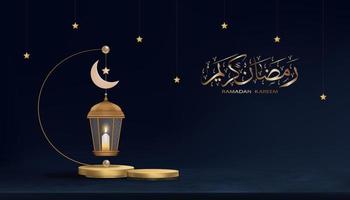 ramadan kareem calligraphie arabe, lanterne islamique traditionnelle 3d, croissant de lune, étoile sur fond bleu foncé, image vectorielle pour la symbolique islamique, mois de la religion musulmane sur eid ul fitr, eid al adha, eid mubarak vecteur