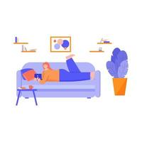 une femme est allongée sur le canapé, se repose, discute, recherche sur Internet. le concept de repos à la maison, relations virtuelles, détente, réseau social. illustration vectorielle dans un design plat vecteur