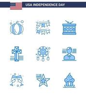pack bleu de 9 symboles de la fête de l'indépendance des états-unis de décoration église tambour croix st éléments de conception vectoriels modifiables de la journée des états-unis vecteur