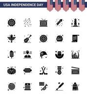 joyeux jour de l'indépendance pack de 25 signes et symboles de glyphes solides pour la célébration de feux d'artifice de tambour de vacances de monument modifiable éléments de conception de vecteur de jour des états-unis