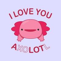 Axolotl kawaii mignon dans des couleurs vives magenta. carte postale avec axolotl pour la saint valentin. personnage mignon et drôle. je t'aime beaucoup. vecteur