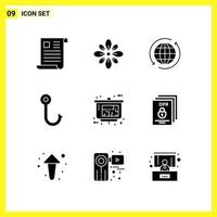 9 jeu d'icônes symboles solides simples signe de glyphe sur fond blanc pour la conception de sites Web applications mobiles et médias d'impression arrière-plan vectoriel icône noire créative